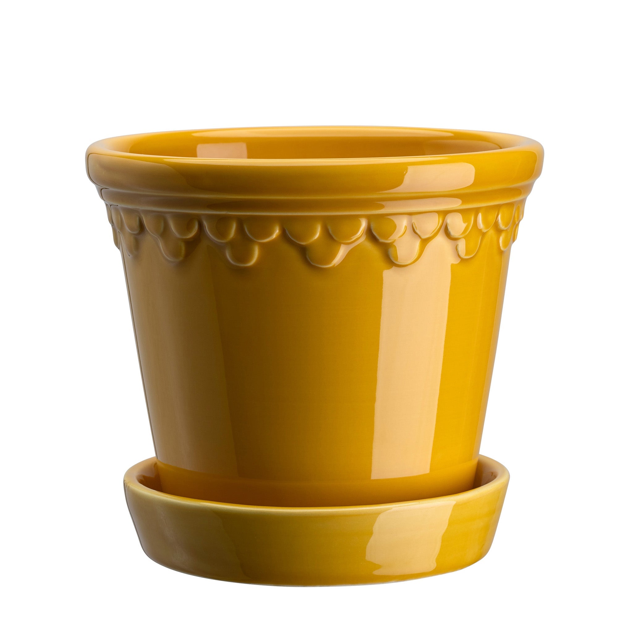 Yellow glaze-finish ceramic Bergs Potter pot with decorative rim and matching saucer