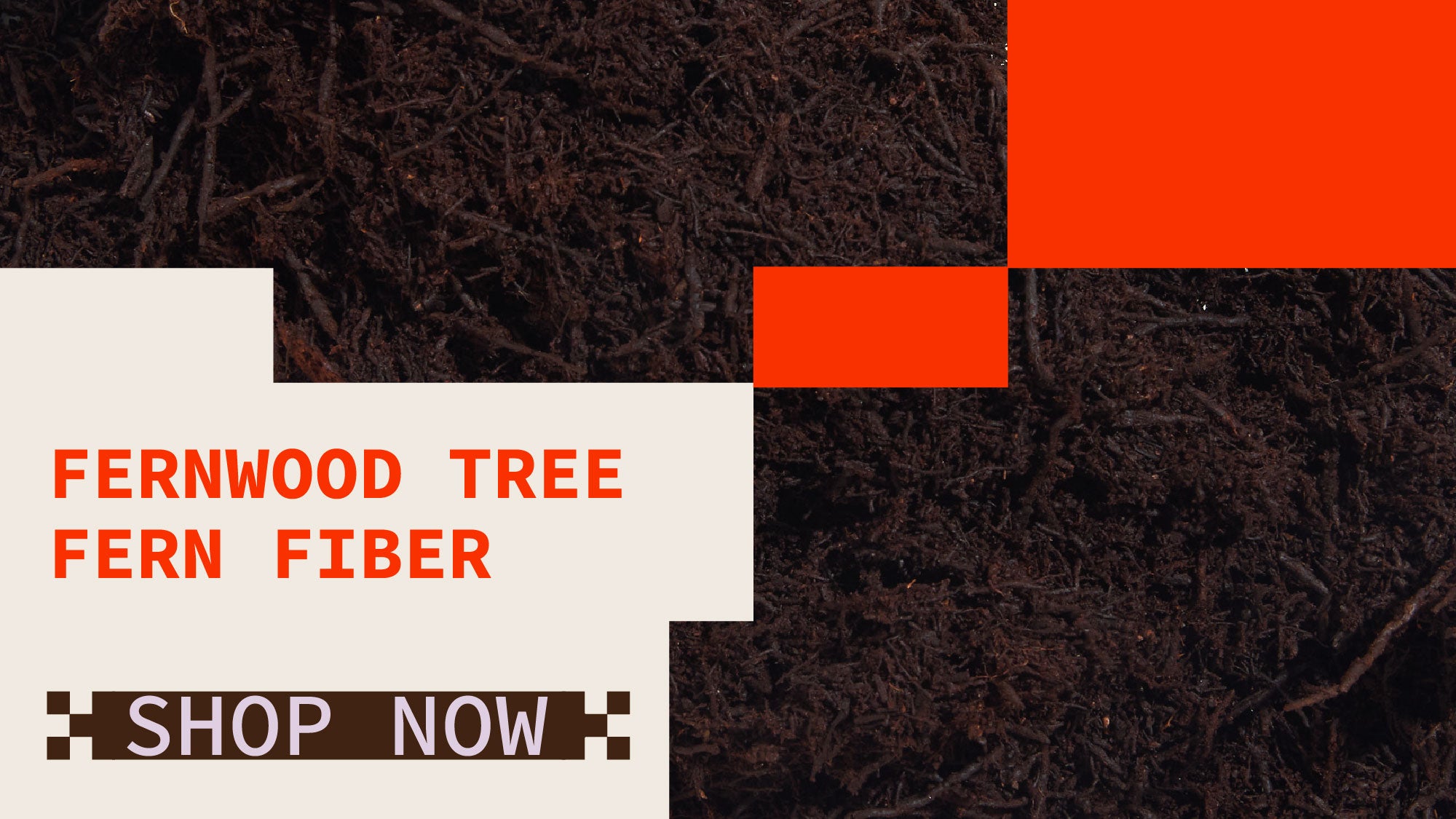 Fernwood Tree Fern Fiber product with text and a 'Shop Now' button on a dark background.