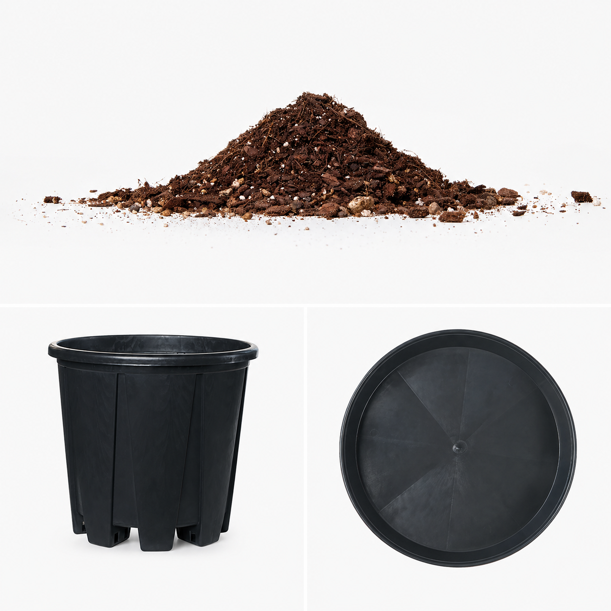 Black plastic pot and lid with a pile of soil on a white background