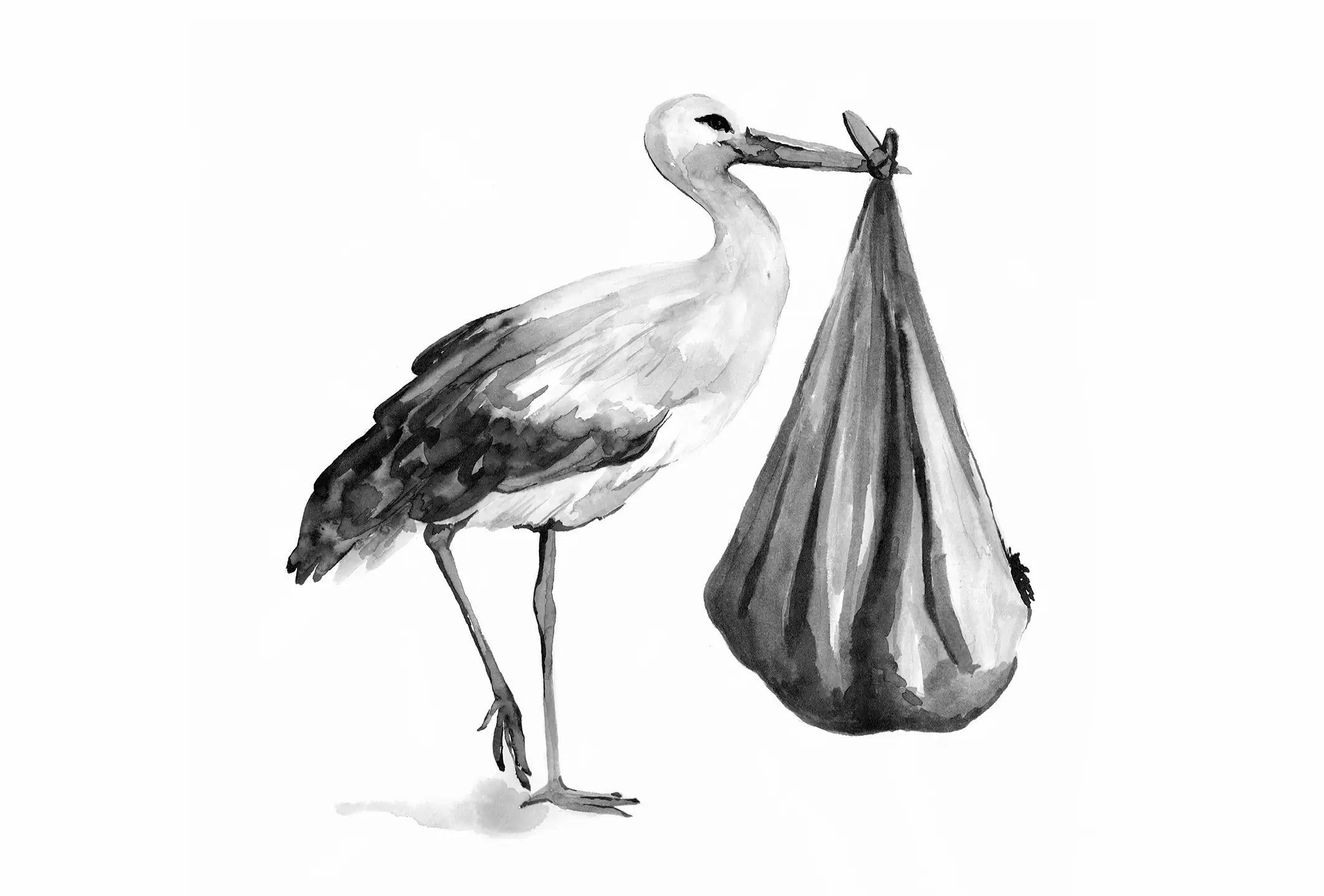 Black and white watercolor painting of a stork carrying a baby bundle in its beak, on a white background.