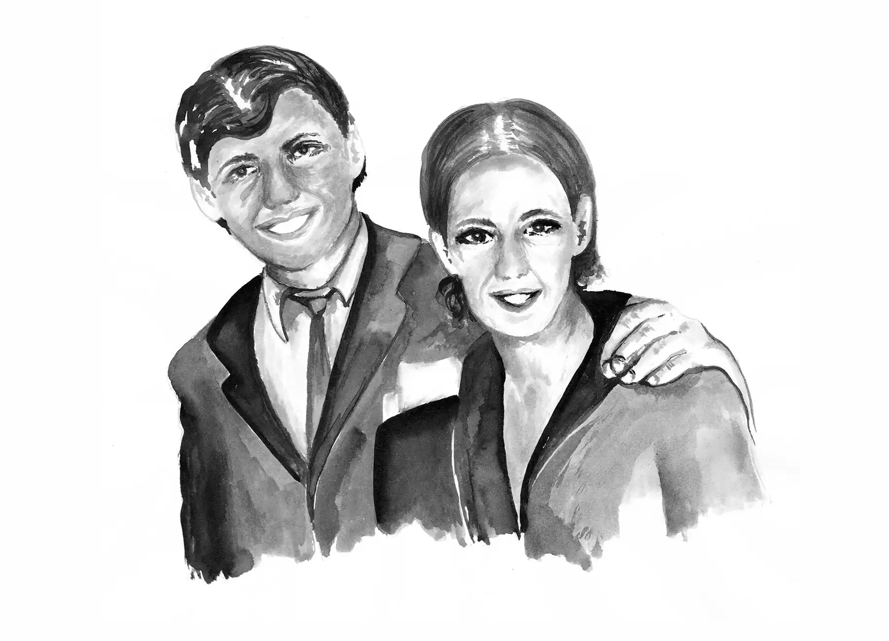 Black and white watercolor painting of a man and woman smiling together.