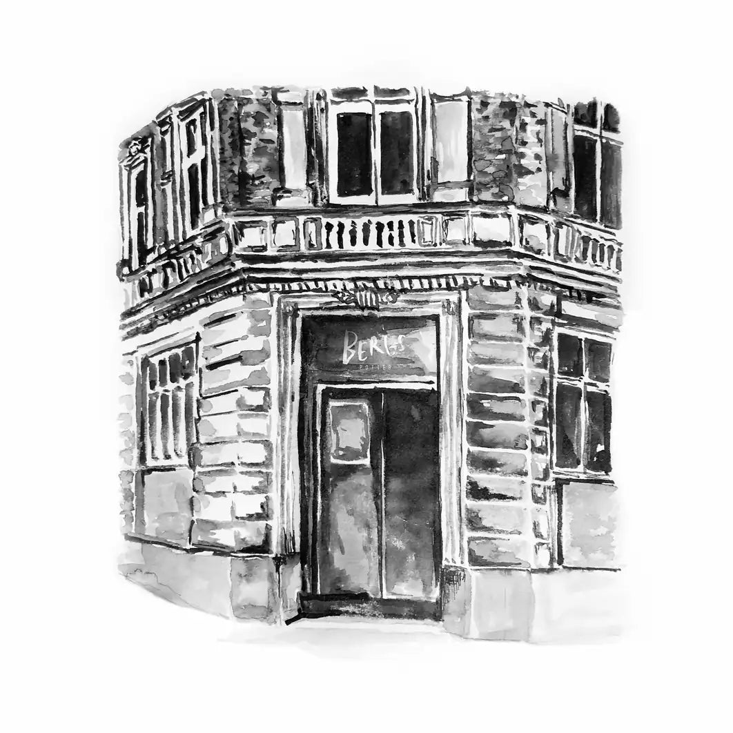 Watercolor painting of a storefront entrance on a white background.